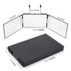 A black 360° trifold LED haircut mirror shown in various views and dimensions.