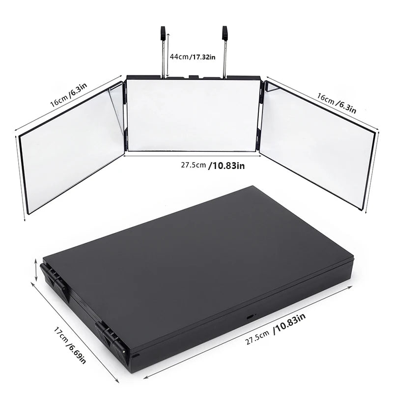 A black 360° trifold LED haircut mirror shown in various views and dimensions.