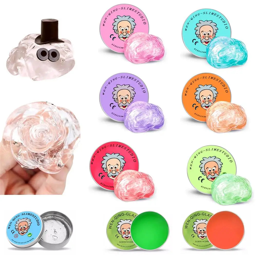 A collection of crystal clear stress putty in various colors and a storage tin.