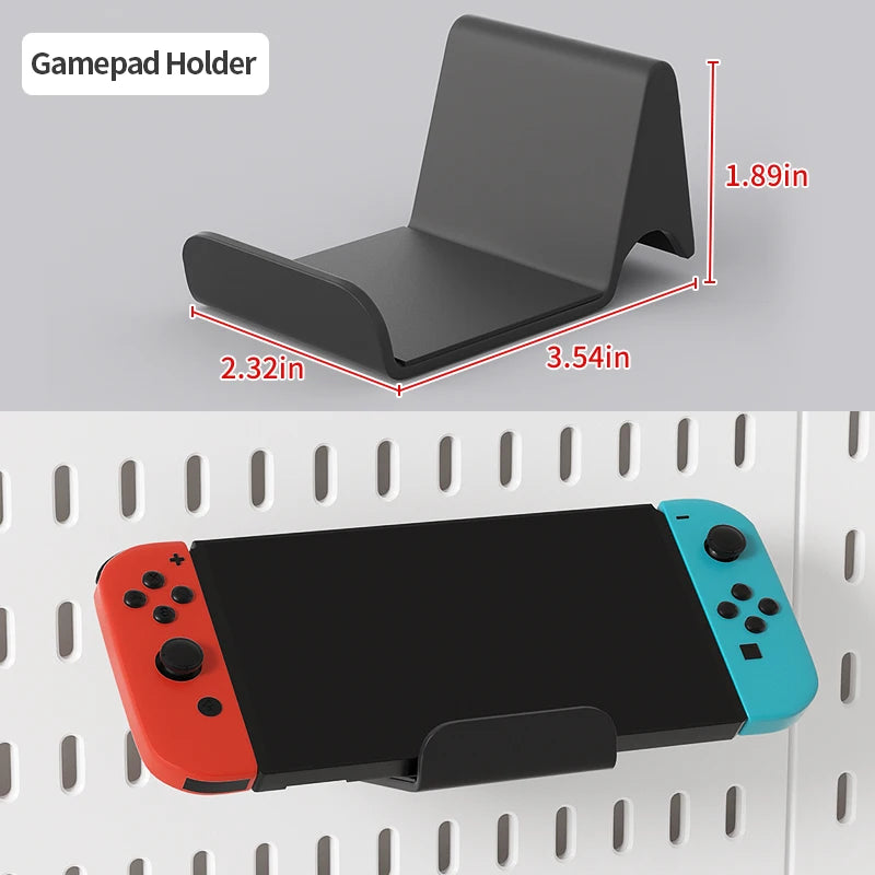 A black gamepad holder is shown next to a controller, with dimensions and context on a white pegboard.