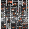 A collection of modular drawer organizer trays featuring various tools and implements in black, orange, and silver.