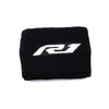 Black microfiber sock cover for a brake fluid reservoir, featuring a white R1 logo.
