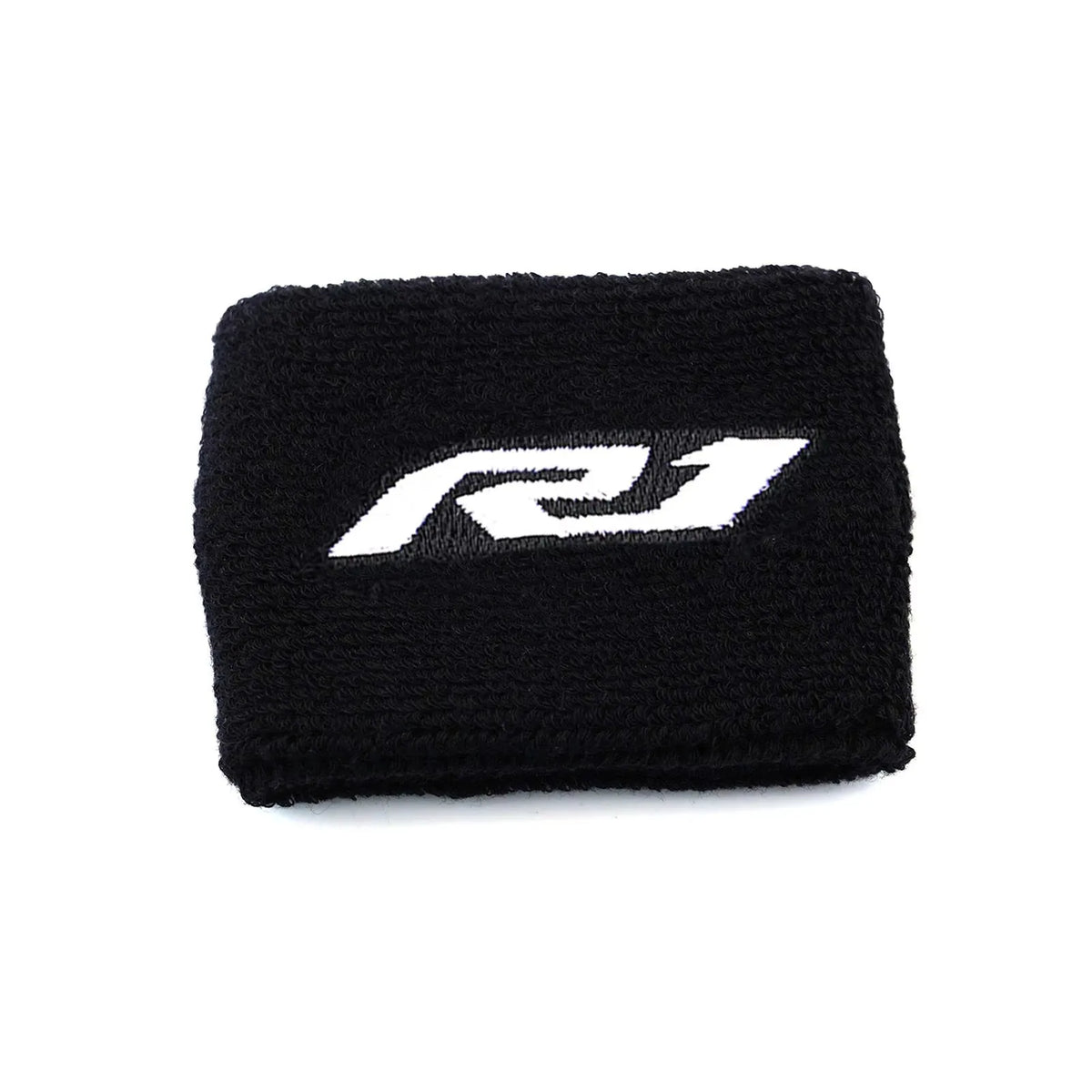Black microfiber sock cover for a brake fluid reservoir, featuring a white R1 logo.