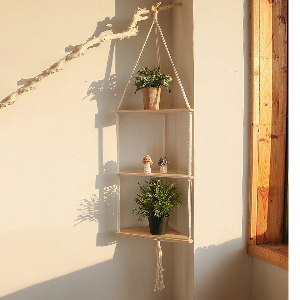Triangle Wood Floating Wall Shelf with Macrame Rope