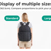 Display of three sizes of a black laptop backpack for comparison: Mini, Standard, and Large.