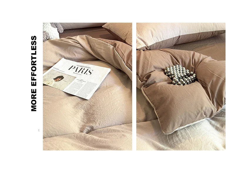 Close-up view of a beige ultra-soft washed cotton duvet cover set featuring soft fabric and decorative pearl accents.