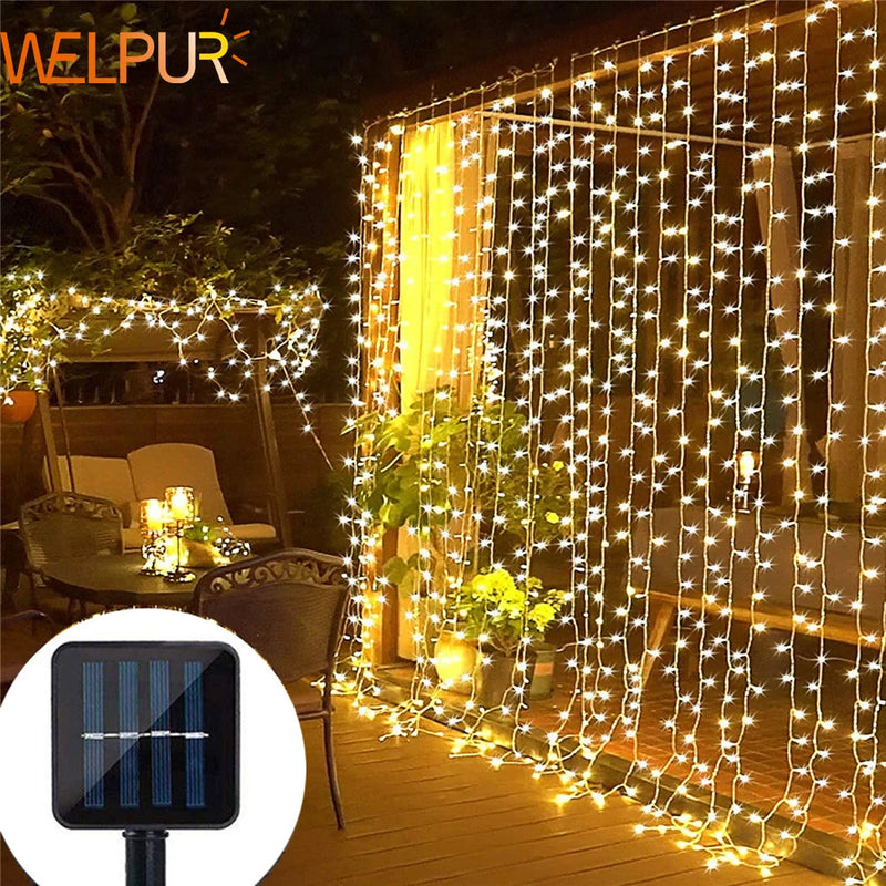 Solar-Powered LED Curtain String Lights