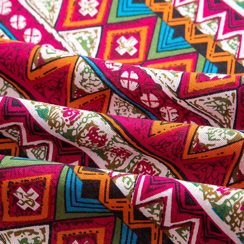 Bohemian Cotton Linen Fabric with Vintage Ethnic Print