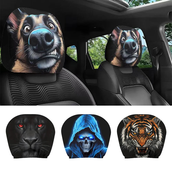 Two sets of wild animal print headrest covers featuring a dog, a skull, and a tiger face for car seats