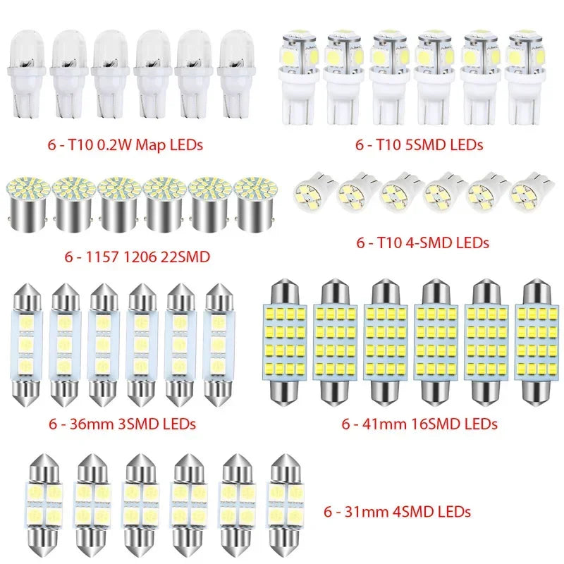 A collection of various LED bulbs including T10, SMD, and Festoon dome lights for car interior use.