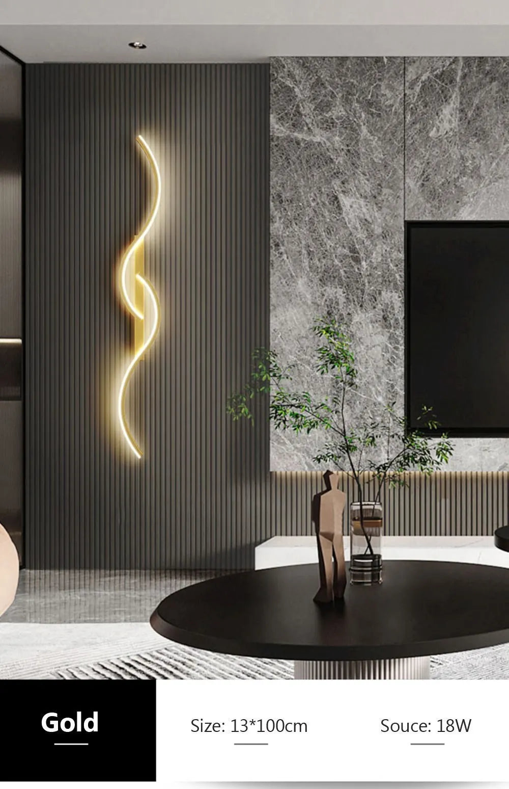 A modern minimalist gold LED wall lamp illuminates a textured gray wall in a contemporary interior setting.