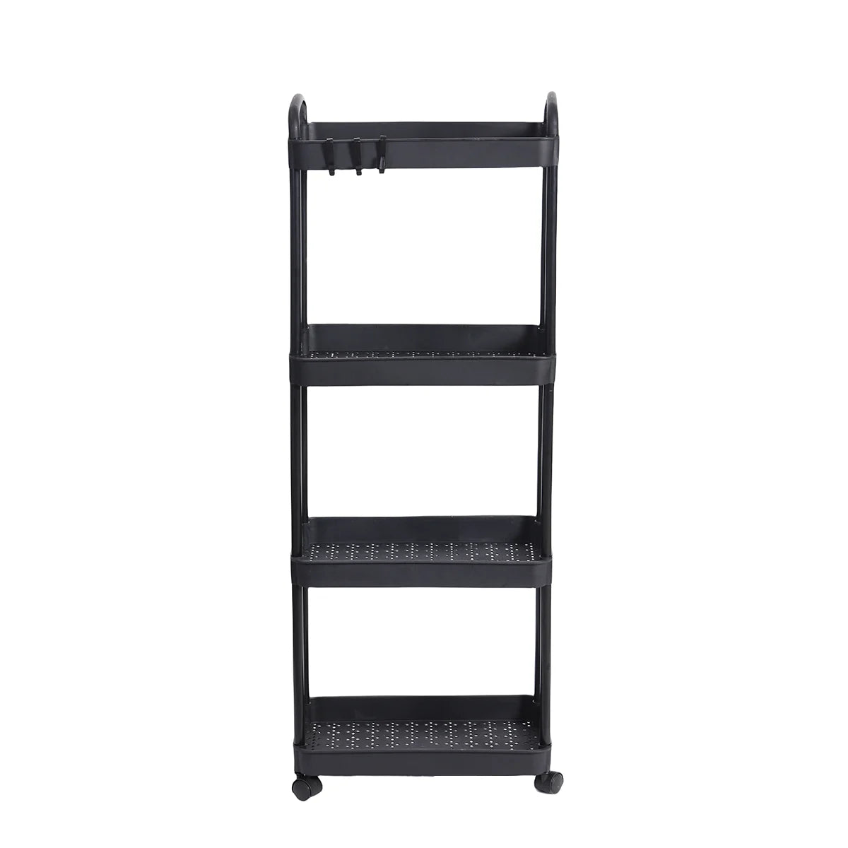 Black 3-tier plastic utility cart with wire racks and lockable wheels