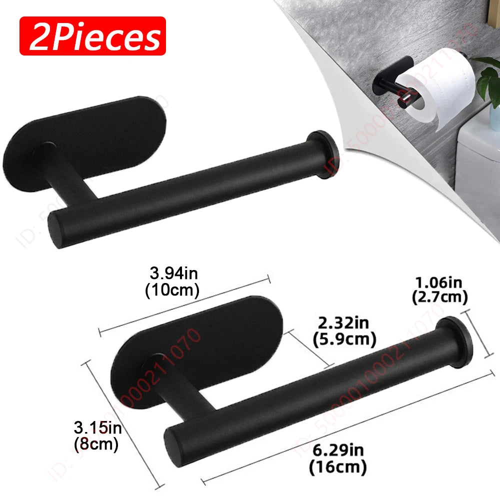 A pair of black adhesive stainless steel toilet paper racks shown in various views and dimensions.