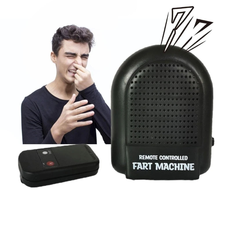 A man is shown making a face while a remote controlled fart machine is displayed next to him.