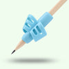 A light blue ergonomic pencil grip trainer set with wooden pencil and plastic grips for posture correction.