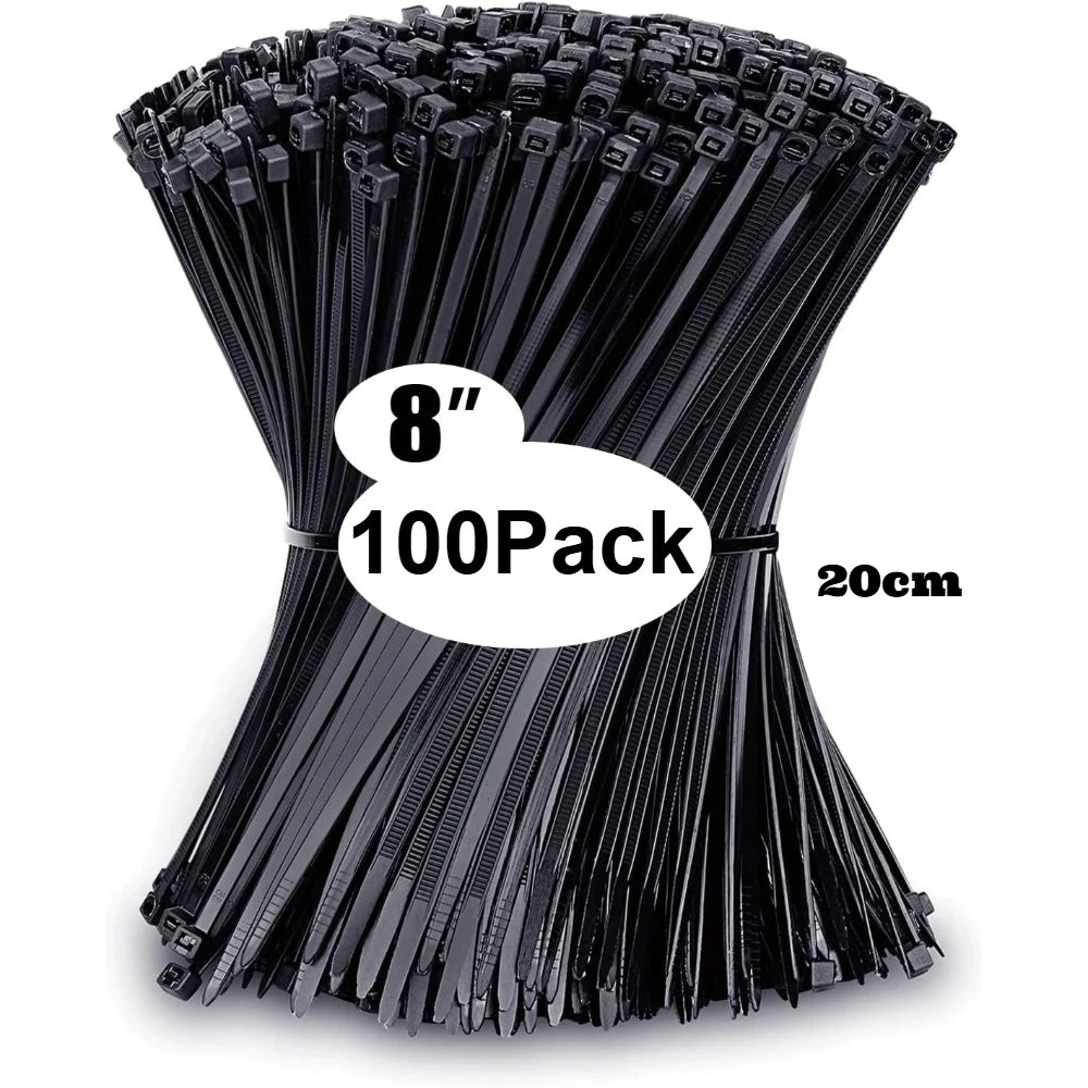 A bundle of 100 black nylon cable ties for organizing and securing cables.