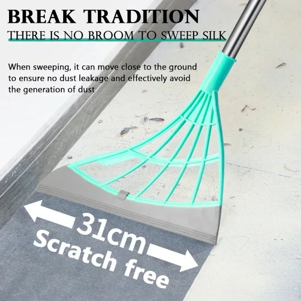 A silicone squeegee broom with a long handle is shown cleaning a surface, emphasizing scratch-free sweeping.