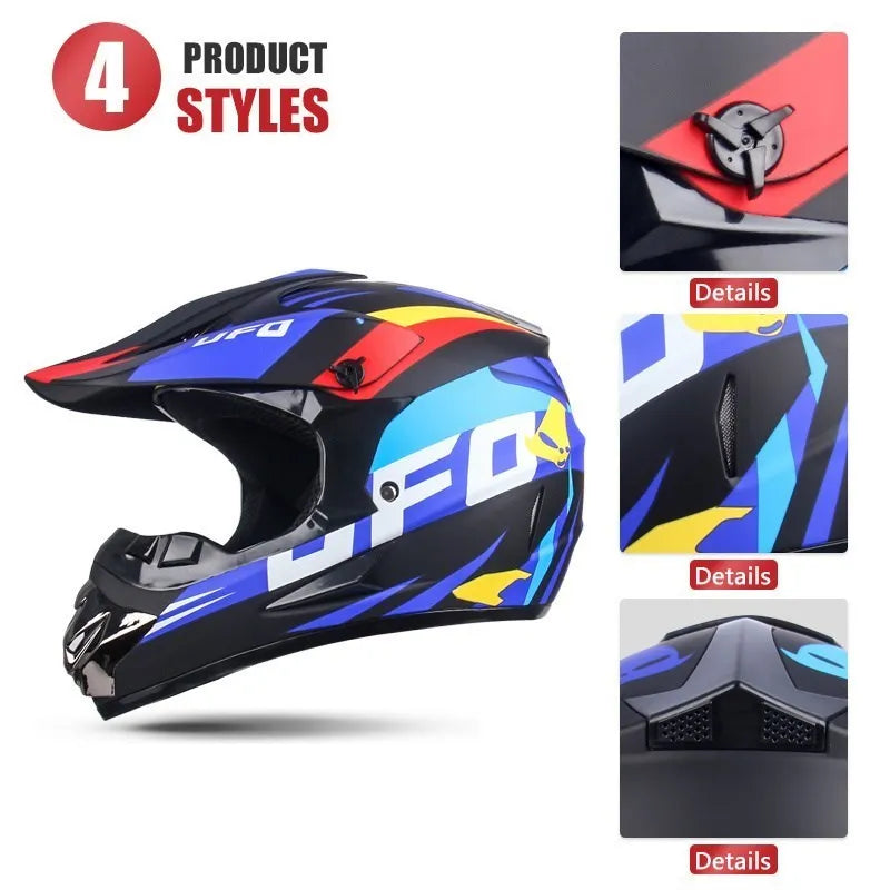 A black full-face off-road helmet with blue and yellow accents shown in four different color styles.
