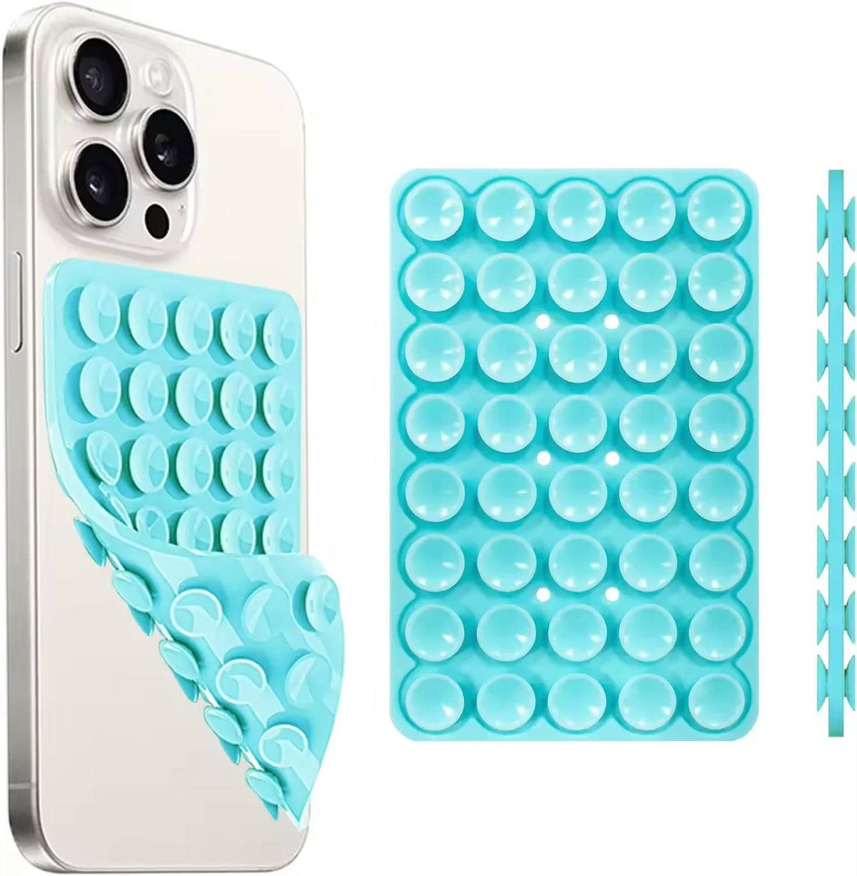 A white smartphone case and a blue silicone suction cup phone mount with multiple holes.