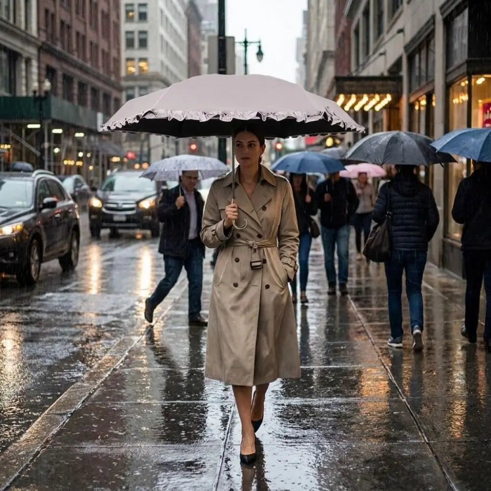 A woman in a beige trench coat holds a large black umbrella while walking on a wet city street.