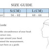 Size guide chart showing head circumference and length measurements for a windproof full face balaclava mask