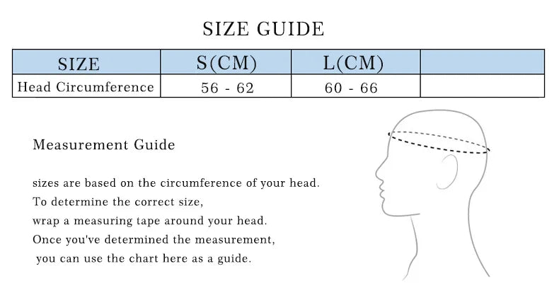 Size guide chart showing head circumference and length measurements for a windproof full face balaclava mask