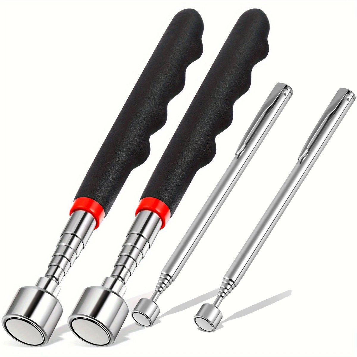 A set of telescopic magnet pickup tools with black grips and silver shafts shown against a white background.