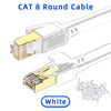 Weißer CAT 8 Rundkabel mit abgeschirmten Steckern und flexibler Kabelbaugruppe.