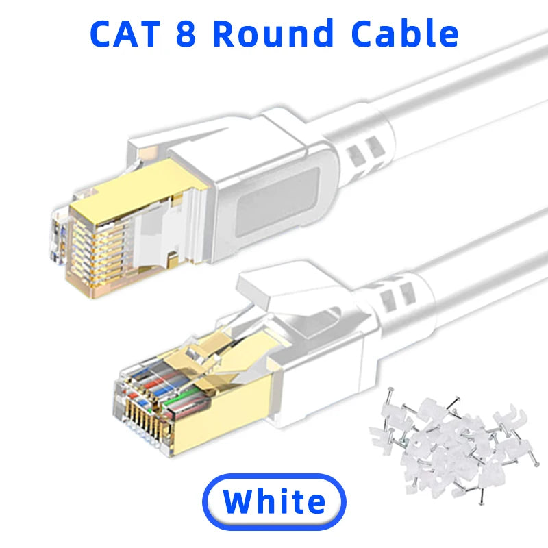Weißer CAT 8 Rundkabel mit abgeschirmten Steckern und flexibler Kabelbaugruppe.