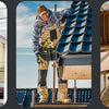 A construction worker installing blue shingles on a roof, using a heavy-duty tool pouch and hammer holder.