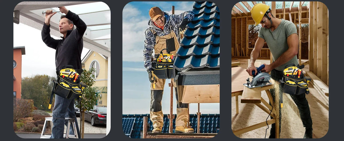 A construction worker installing blue shingles on a roof, using a heavy-duty tool pouch and hammer holder.