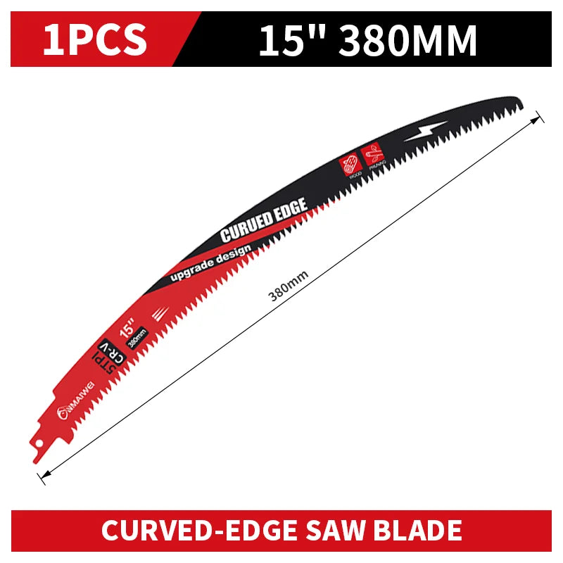 A black curved-edge saw blade with a 15 inch length and 380mm dimension.