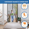 A magnetic screen door curtain installed on a glass door, highlighting features like heavy duty mesh, pet friendly design, an