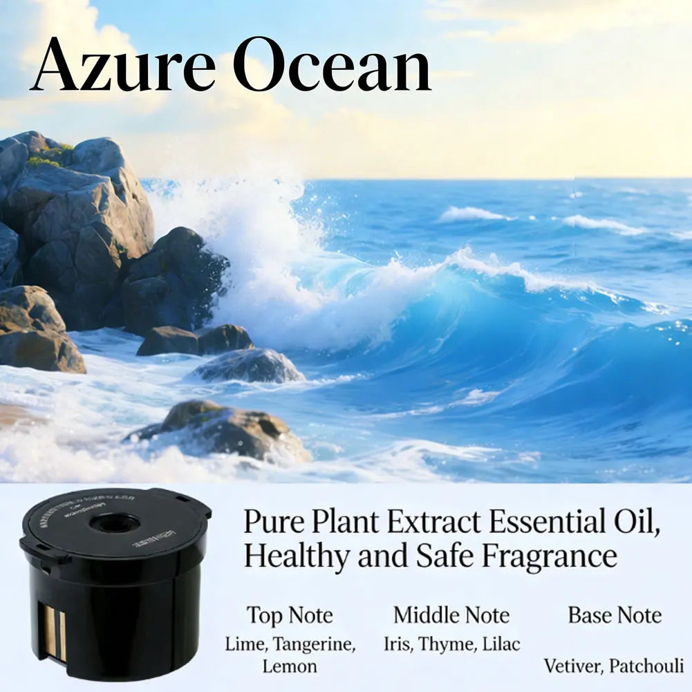 A black smart car diffuser is shown with a blue ocean background and text describing its pure plant extract essential oil fra