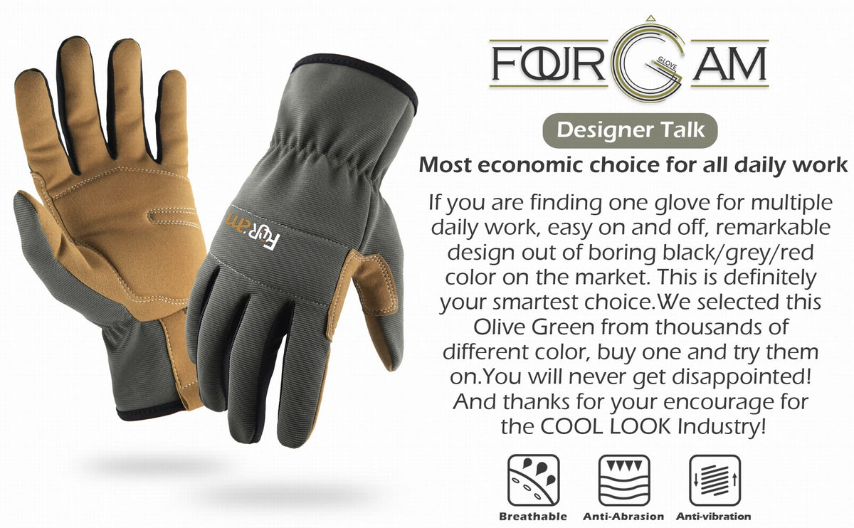 A pair of olive green work gloves shown next to the FORGAM logo and features like breathable, anti-abrasion, and anti-vibrati