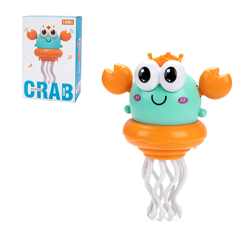 An orange crab toy with large eyes and dancing legs is shown next to its packaging box.