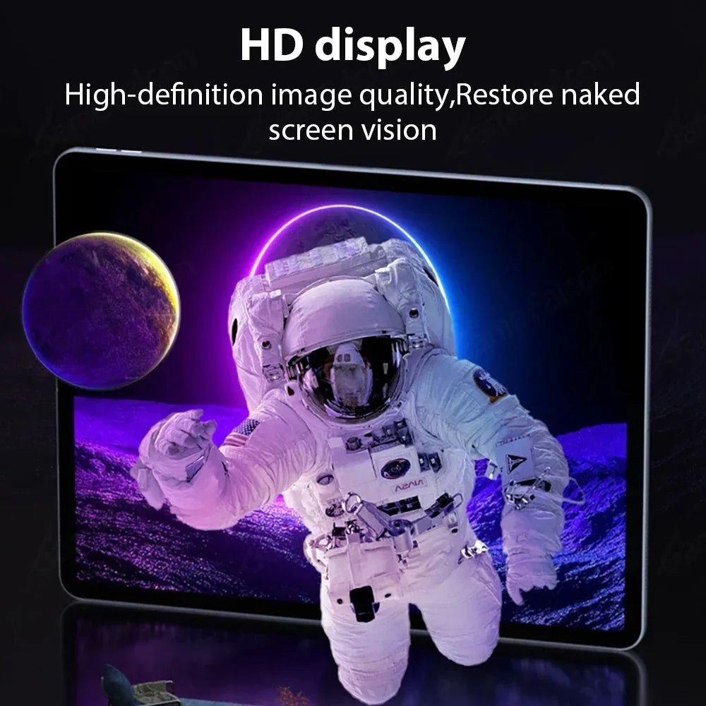 A close-up of a tablet screen protector showing a high-definition image of an astronaut against a purple and blue background.