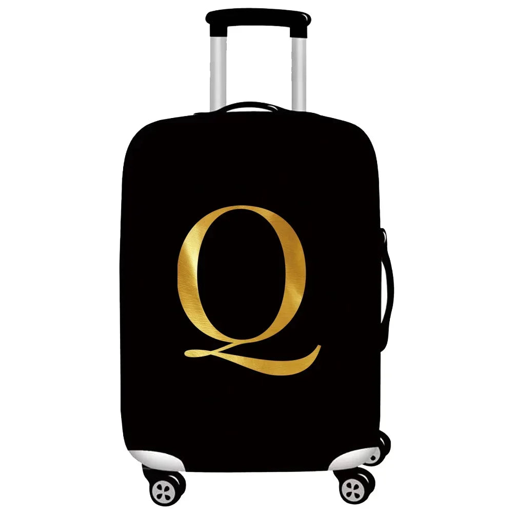 Black rolling suitcase with a gold letter Q print