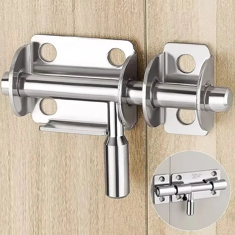 Heavy duty stainless steel door bolt latch mounted on a wooden surface.