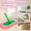 A green reusable microfiber mop pad is shown on a pink mat, with inset images demonstrating its use for various cleaning scen