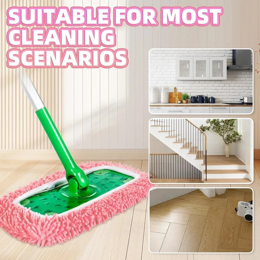 A green reusable microfiber mop pad is shown on a pink mat, with inset images demonstrating its use for various cleaning scen