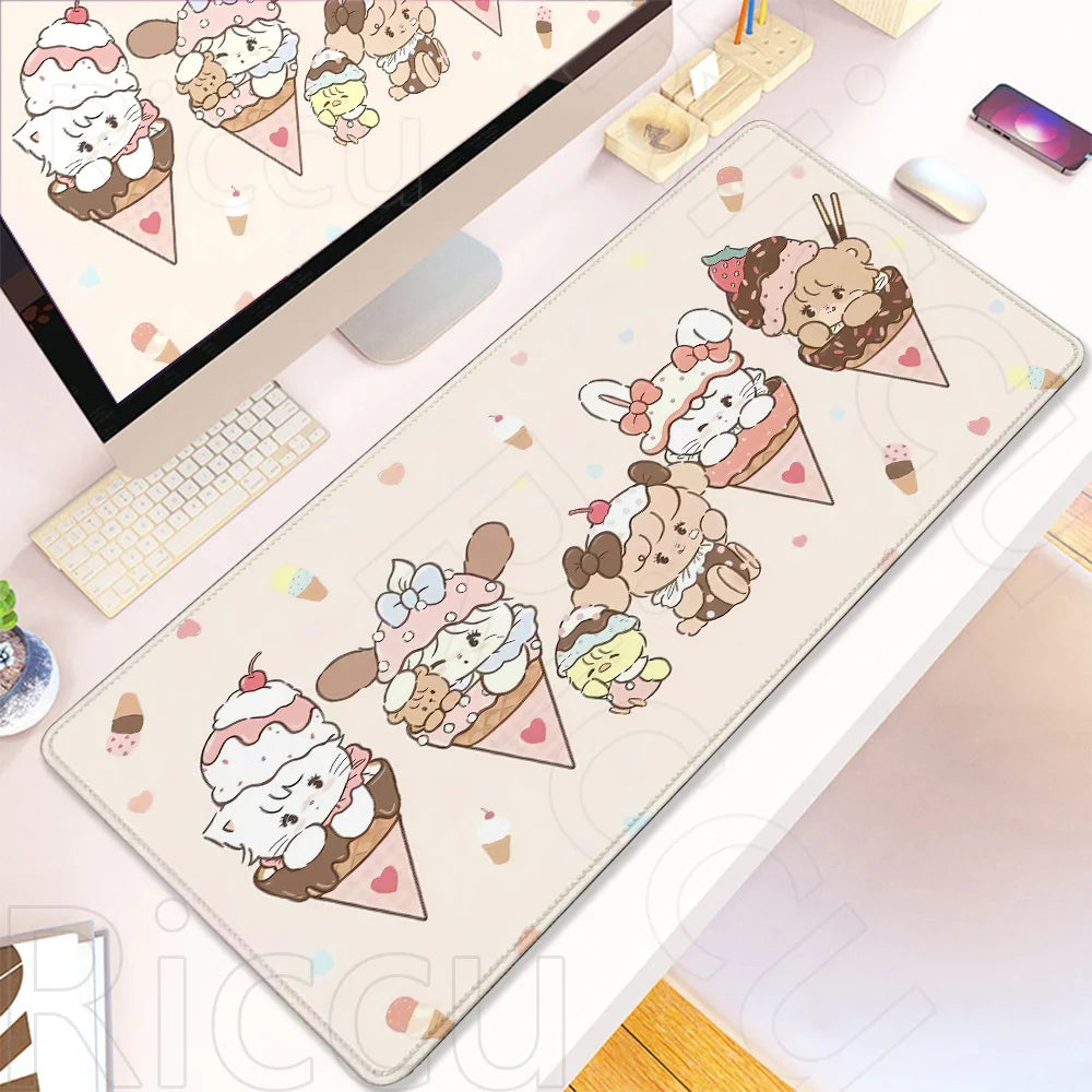 A large kawaii cartoon gaming desk mat featuring cute ice cream and animal designs on a white surface.