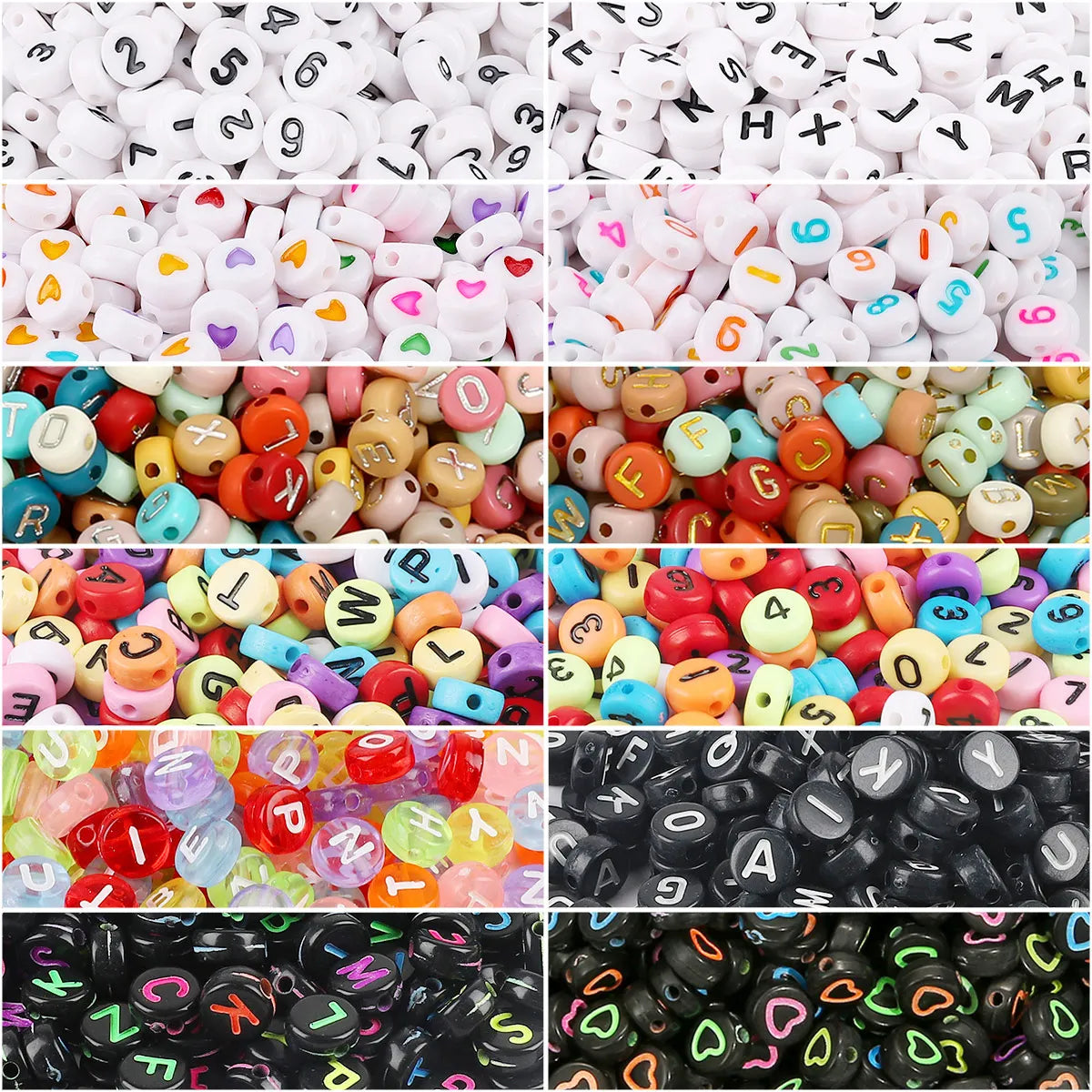 A collection of colorful acrylic alphabet letter beads in various shapes and colors for jewelry making.