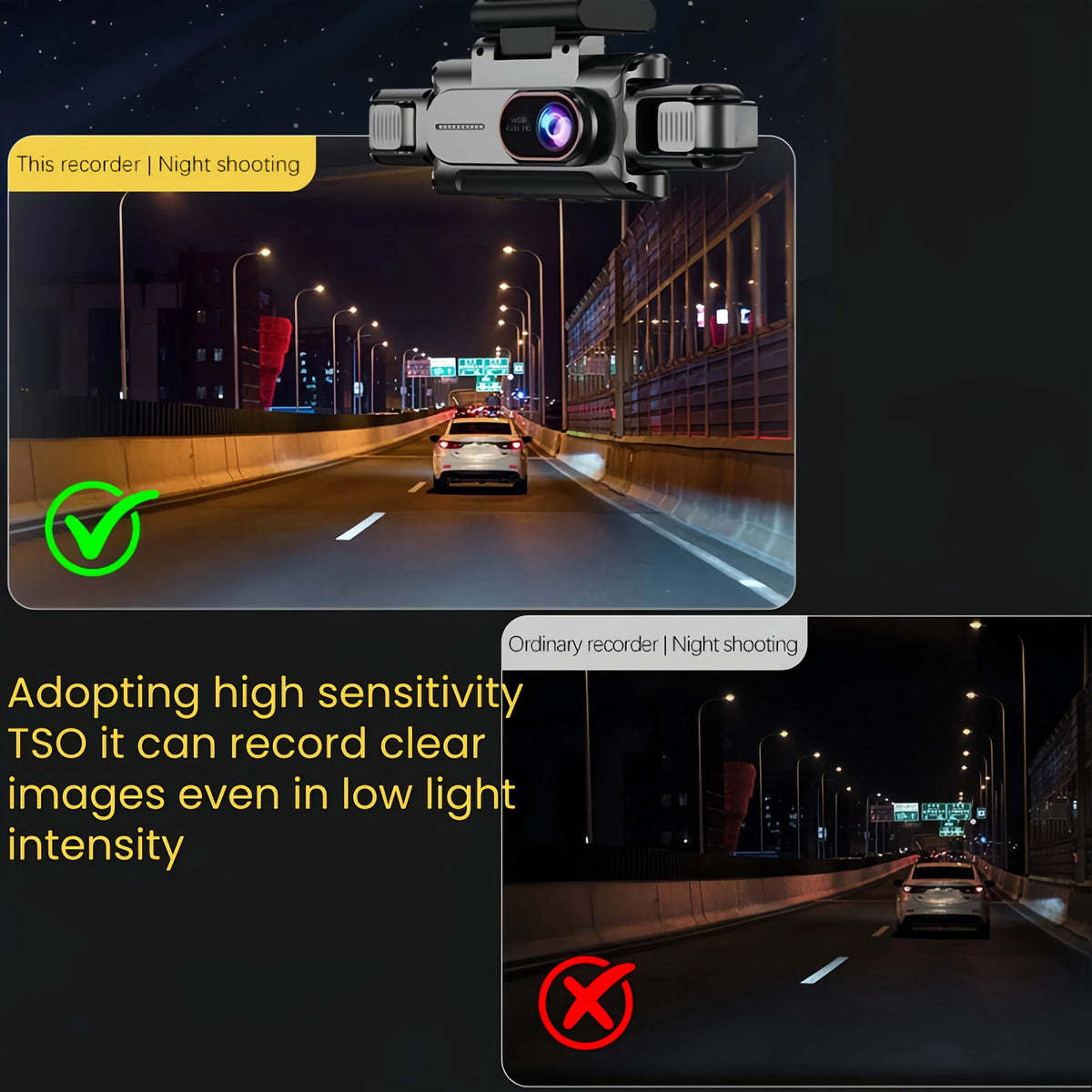 A night-shooting dash cam recording a car on a road, demonstrating clear images in low light.