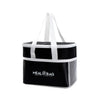 Black insulated lunch bag with white handles and a mesh bottom.