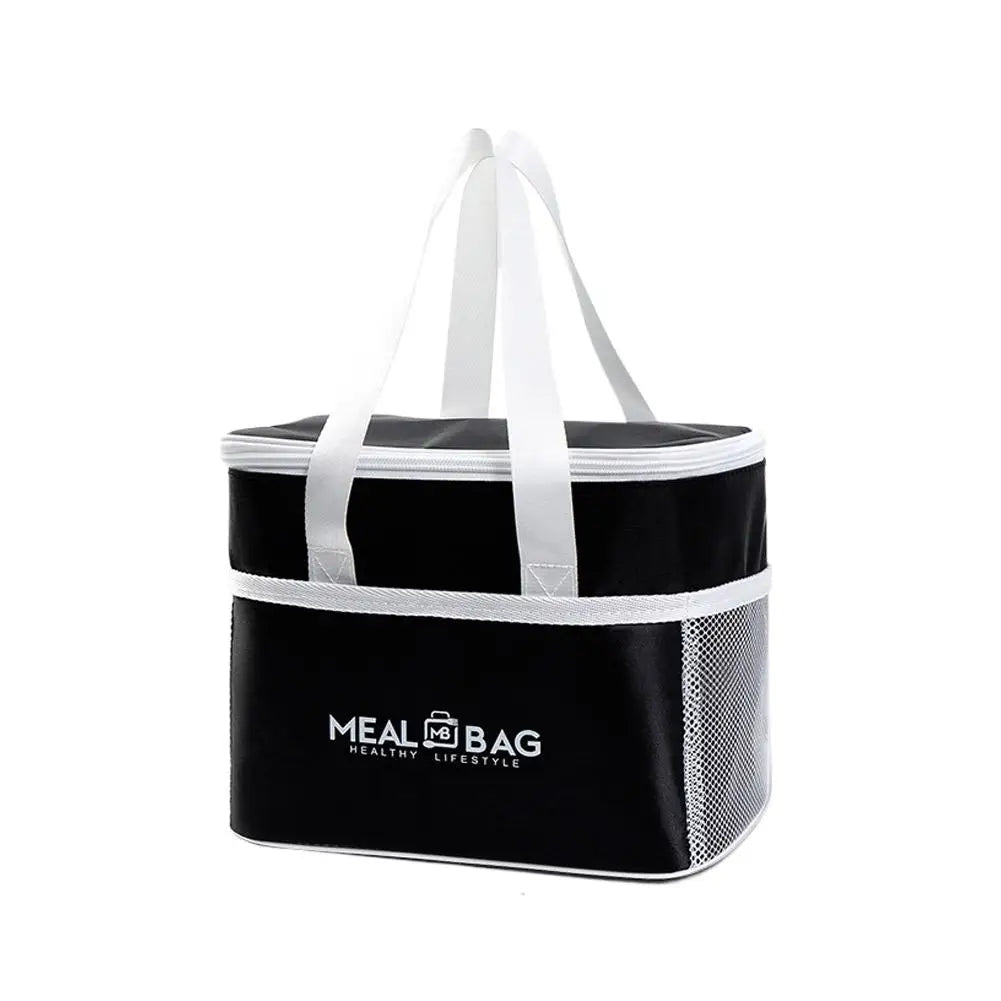 Black insulated lunch bag with white handles and a mesh bottom.