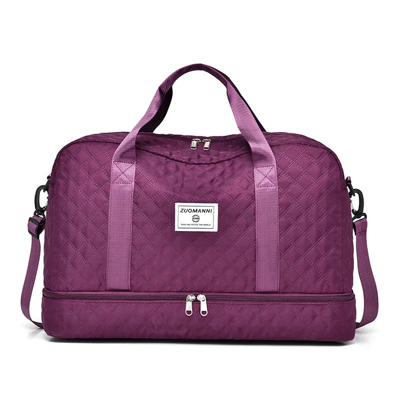 A purple Zuomnni lightweight nylon travel duffle bag with pink straps.