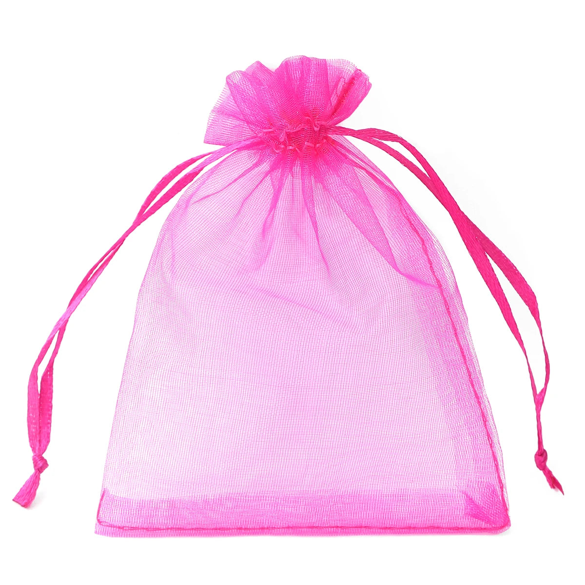 A sheer pink organza drawstring gift bag with pink ties.