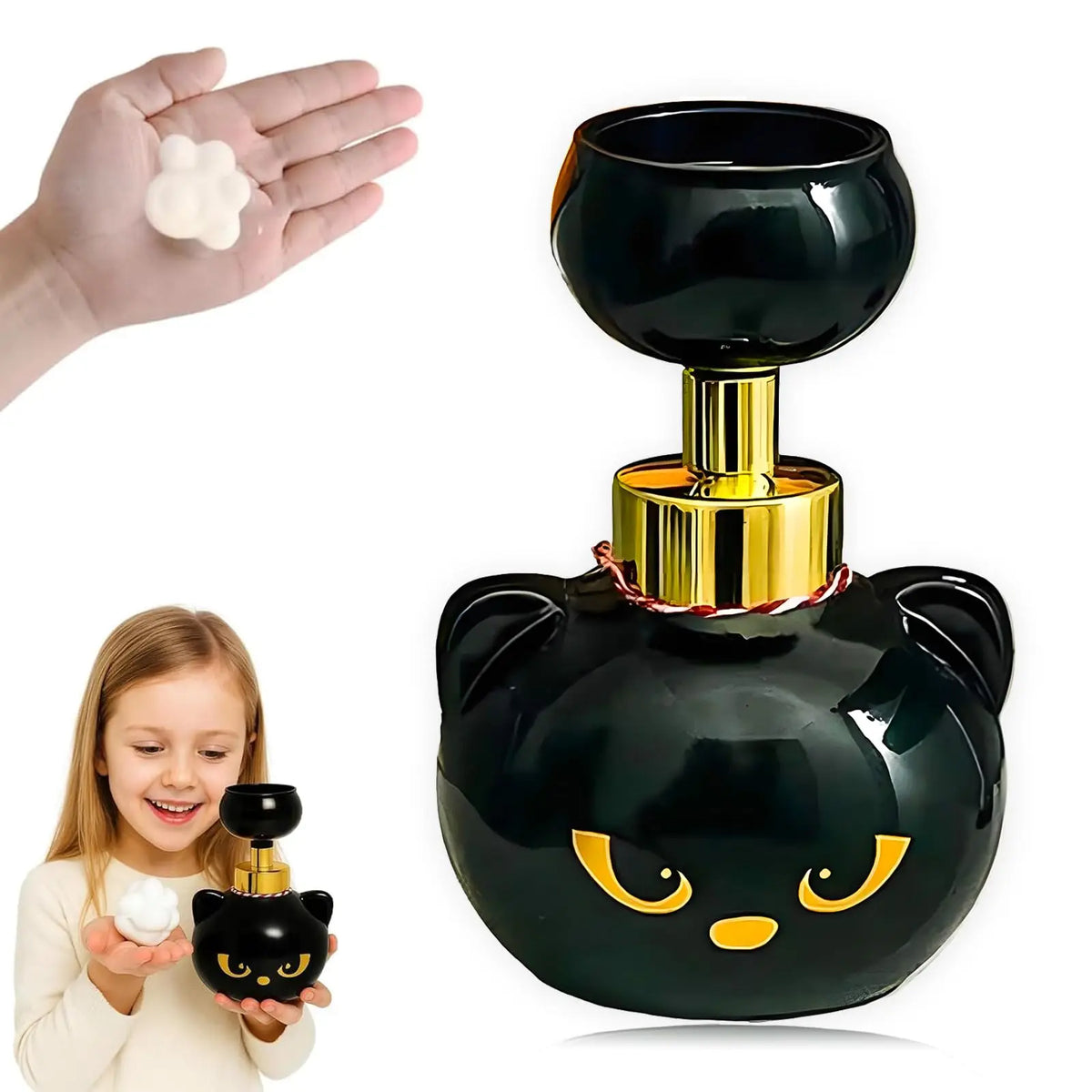 A black cat-shaped foam soap dispenser with gold accents is shown next to a hand and a child.