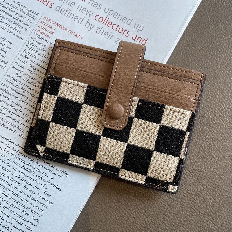 Checkered Canvas Card Wallet with Buckle Closure